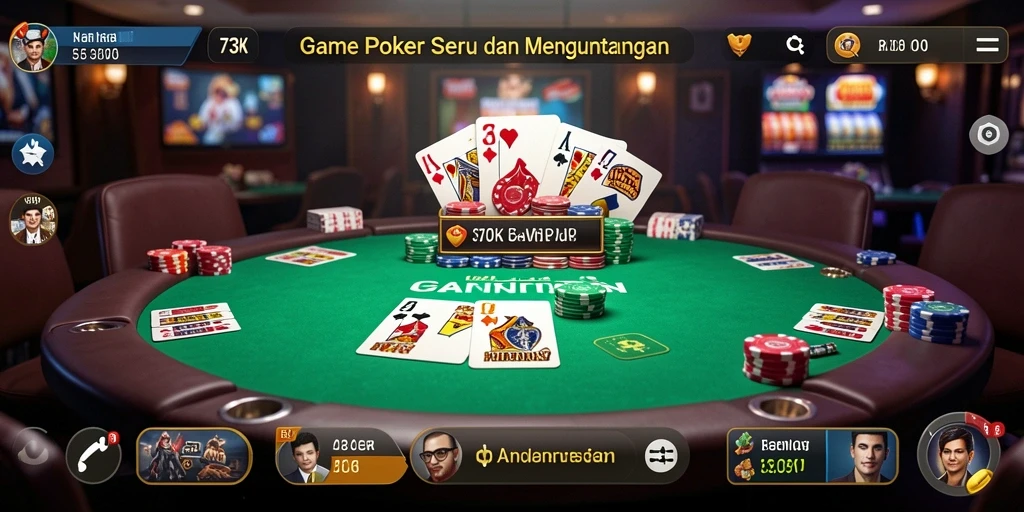Tampilan gameplay <strong>73K</strong> dengan suasana kasino poker yang menegangkan.