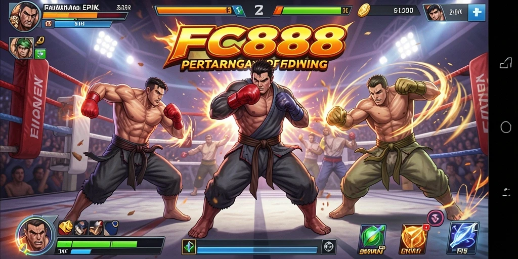 Gameplay epik FC888 dengan karakter bertarung yang dinamis.