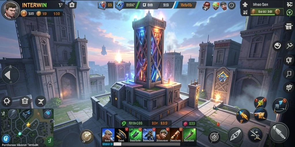 Tangkapan layar utama INTERWIN menampilkan aksi Tower Defense yang intens.