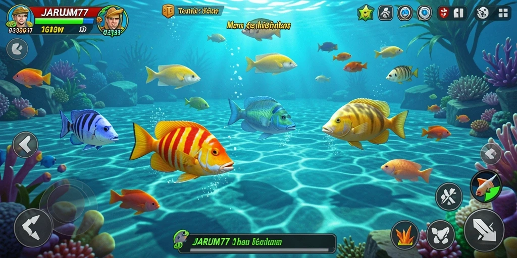 Tampilan gameplay JARUM77 yang menampilkan aksi menembak ikan yang seru.
