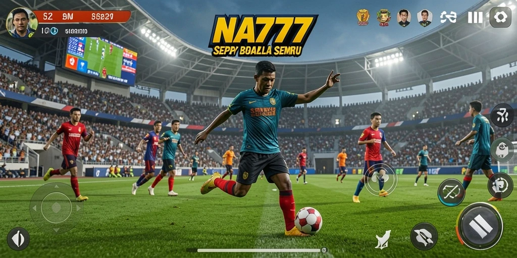 Tangkapan layar utama NA777 menampilkan pertandingan sepak bola yang intens.